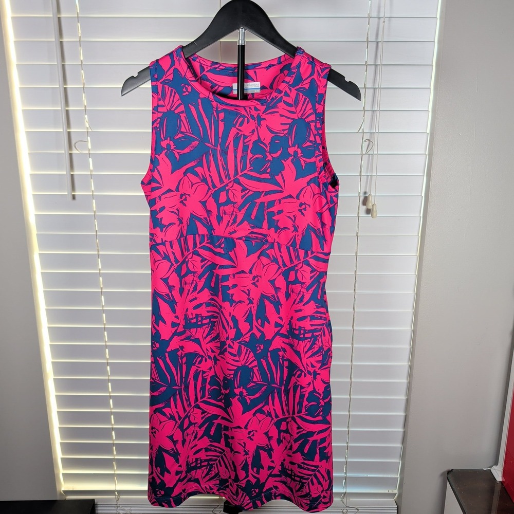 Columbia PFG Dress Women Medium Pink Navy Tropical Floral Sleeveless Excellent